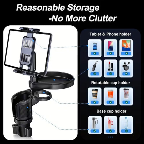 4-In-1 Dual Car Cup Holder Tray And Tablet Phone Mount Expander for Car