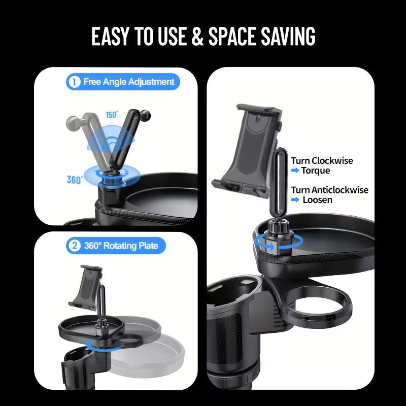 4-In-1 Dual Car Cup Holder Tray And Tablet Phone Mount Expander for Car