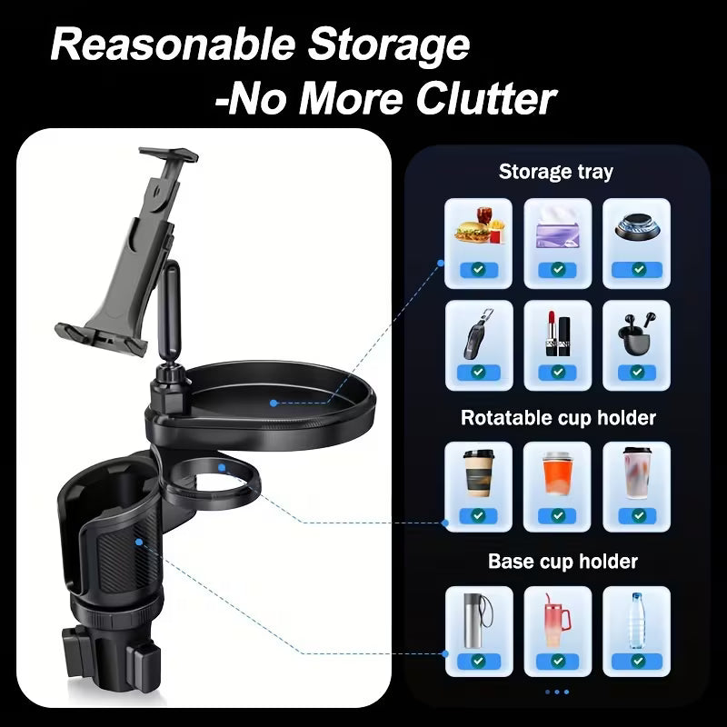 4-In-1 Dual Car Cup Holder Tray And Tablet Phone Mount Expander for Car
