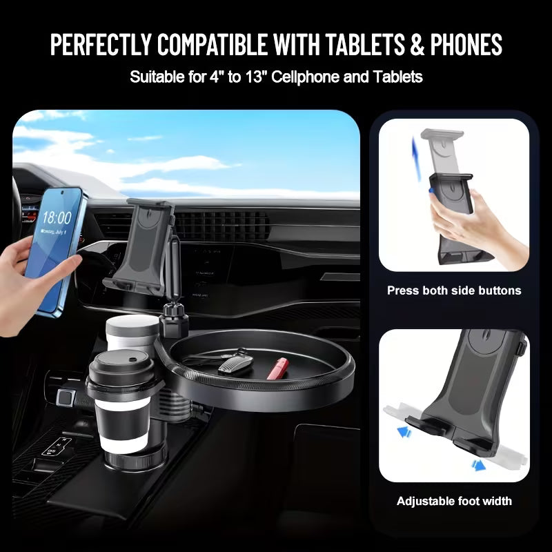 4-In-1 Dual Car Cup Holder Tray And Tablet Phone Mount Expander for Car