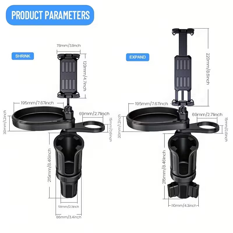 4-In-1 Dual Car Cup Holder Tray And Tablet Phone Mount Expander for Car